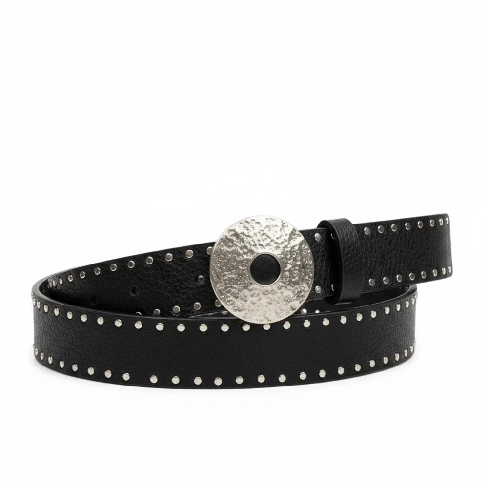 VTG ARTISAN CRAFTED Black Leather Hammered Wheel Double Rivet Leather Belt 32-36 - Picture 1 of 10